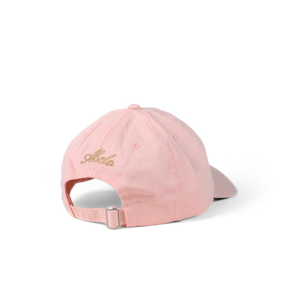 Lolita Cap in baby pink, back view with Abelo embroidery and adjustable strap