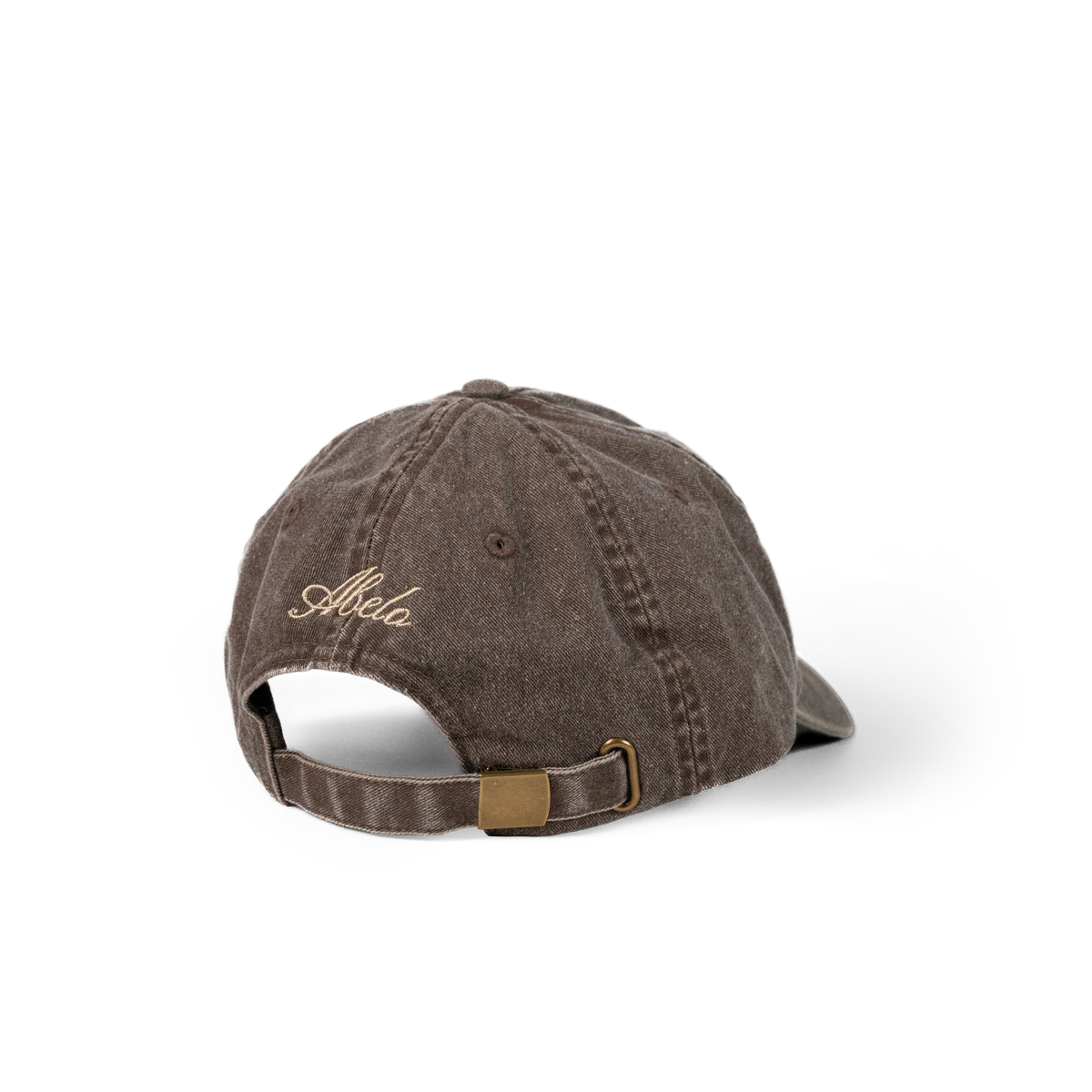 Laughter in the Dark Cap in washed brown, back view with Abelo embroidery and adjustable strap